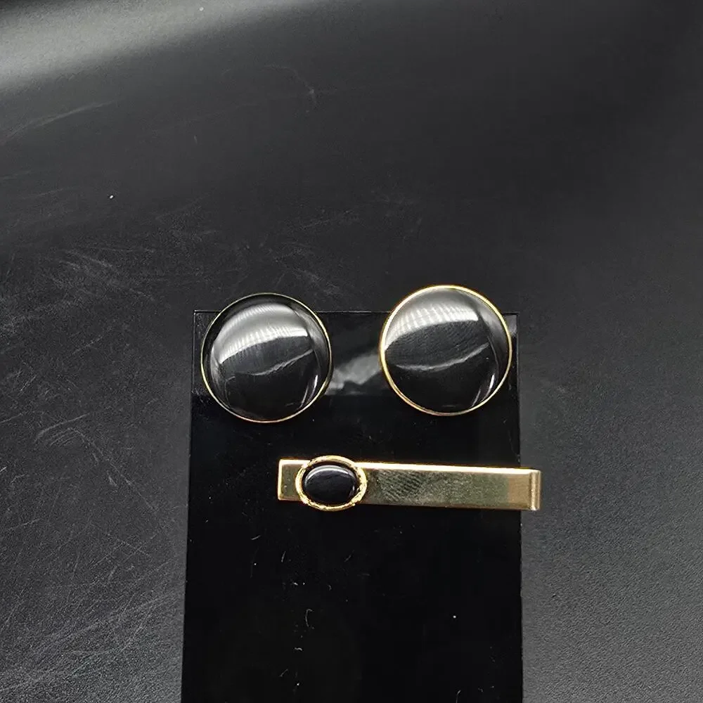 Gold Tone Black Enamel Round Cufflinks Tie Clip Tie Bar Set